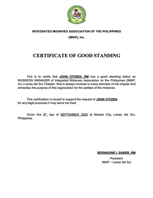 Philippines certificate of good standing Word and PDF template, version 2
